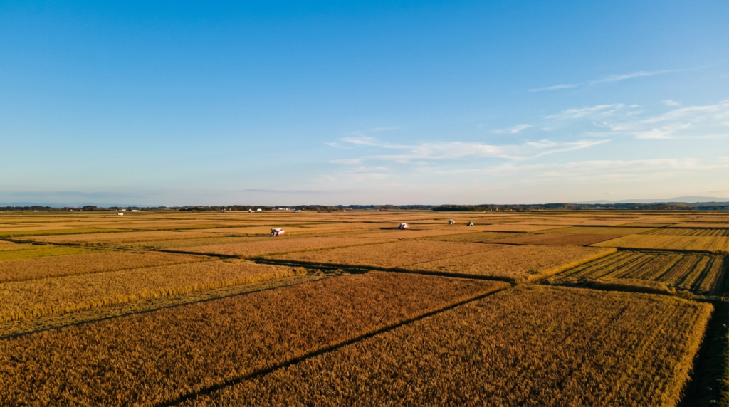 北海道 秋の稲穂と水田 業務用米 産地直仕入れ