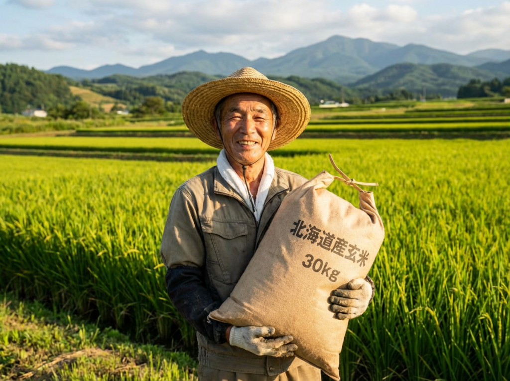 北海道の農家と玄米袋 産地直仕入れのイメージ
